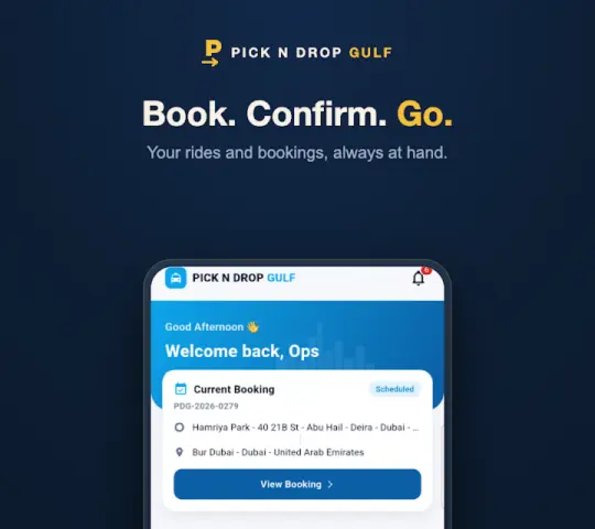 Pick N Drop Gulf Customer App home screen showing a current booking